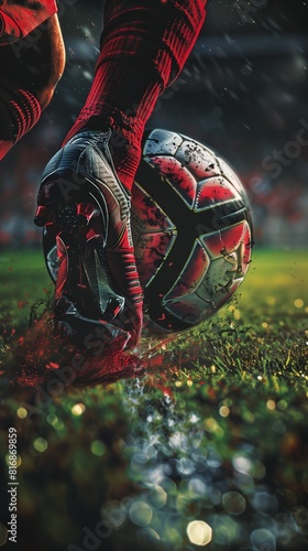 A close-up image of a Flamengo player's foot striking a soccer ball, detailed texture of the ball and cleats, Maracanã Stadium's grass in the background
