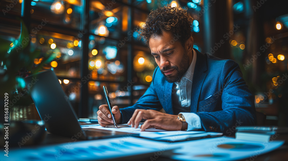 A man in a suit is writing on a laptop