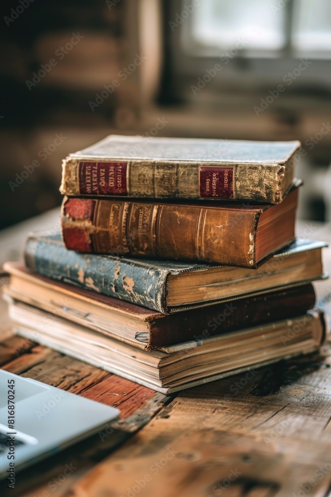 A stack of books on a wooden table, perfect for educational or reading concepts A stack of books on a wooden table, perfect for educational or reading concepts