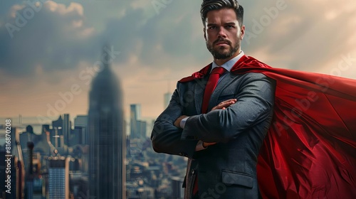 Modern-day superhero in a suit and red cape standing heroically against a city backdrop photo