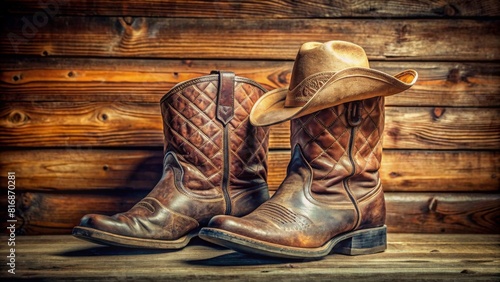 Retro cowboy hat and pair of old leather boots