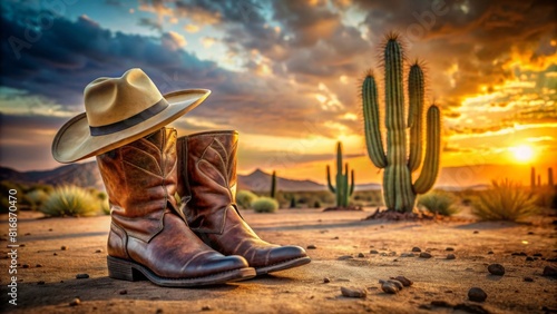 Сowboy boots in the desert background. Wild West concept photo