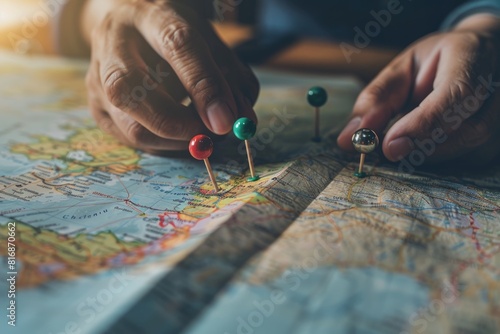 A person is pointing at a map with three red pins on it. The pins are placed in different locations, indicating a journey or a planned route. The map is spread out on a table photo