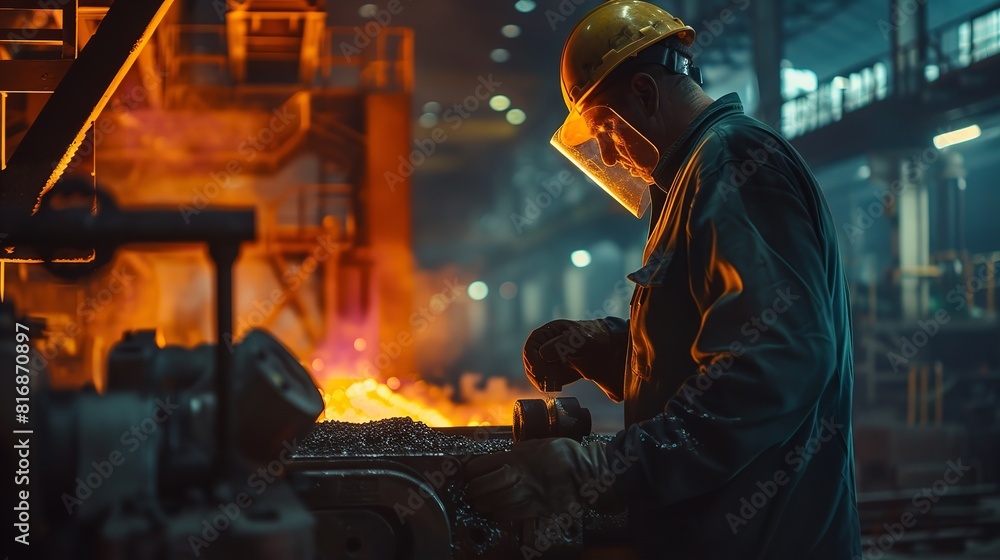 A worker is seen operating heavy machinery in a steel factory, surrounded by industrial equipment and materials. The worker is focused on their task in the busy factory setting A worker is seen operating heavy machinery in a steel factory, surrounded by industrial equipment and materials. The worker is focused on their task in the busy factory setting