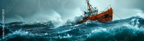A fishing boat faces the formidable power of nature, cutting through towering stormy waves under a tumultuous sky. photo