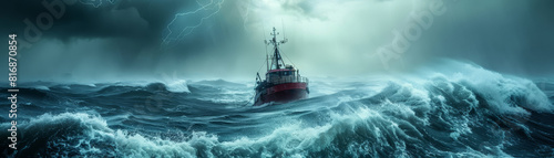 A fishing boat faces the formidable power of nature, cutting through towering stormy waves under a tumultuous sky.
