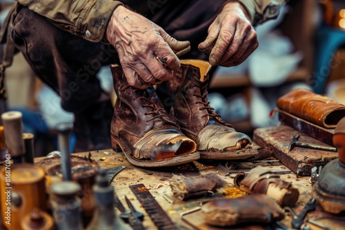 A man focused on repairing shoes, ideal for business or craftsmanship concepts photo