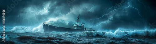 A fishing boat faces the formidable power of nature, cutting through towering stormy waves under a tumultuous sky.
