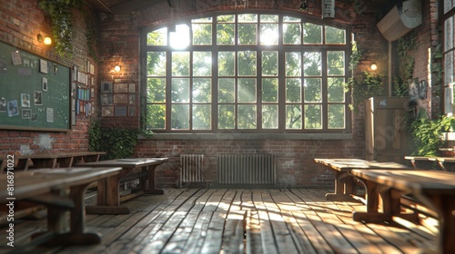 Charming Sunlit Industrial Styled Caf? Interior Featuring Large Paned Windows and Wooden Seating in Exposed Brick Setting with Greenery