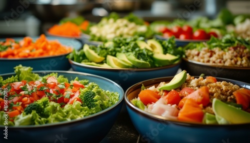 An array of fresh salads and veggies in colorful bowls, featuring carrots, lettuce, broccoli, avocado, and other fruits. Visually appealing, showcasing healthy meal options.