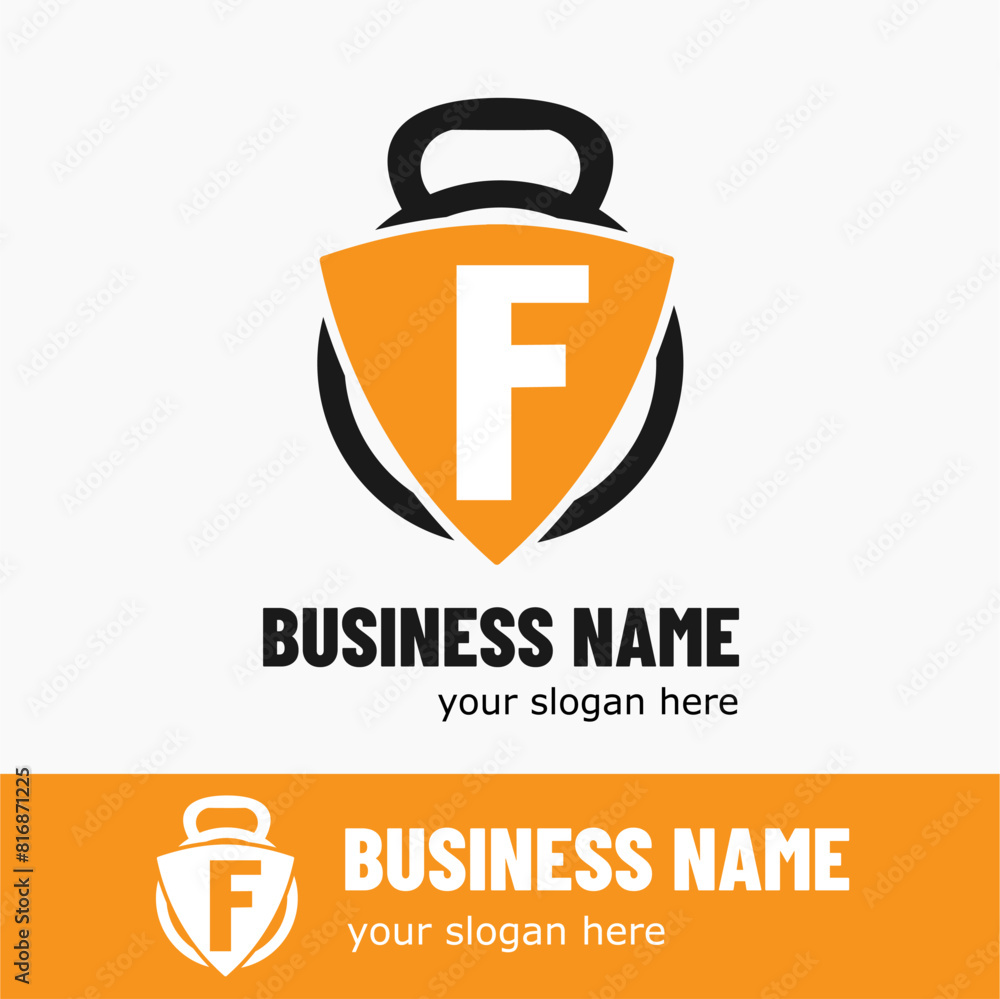 Initial Letter F with Kettlebell for Gym, Fitness, Pilates, Exercise Sport Business Logo Idea Initial Letter F with Kettlebell for Gym, Fitness, Pilates, Exercise Sport Business Logo Idea