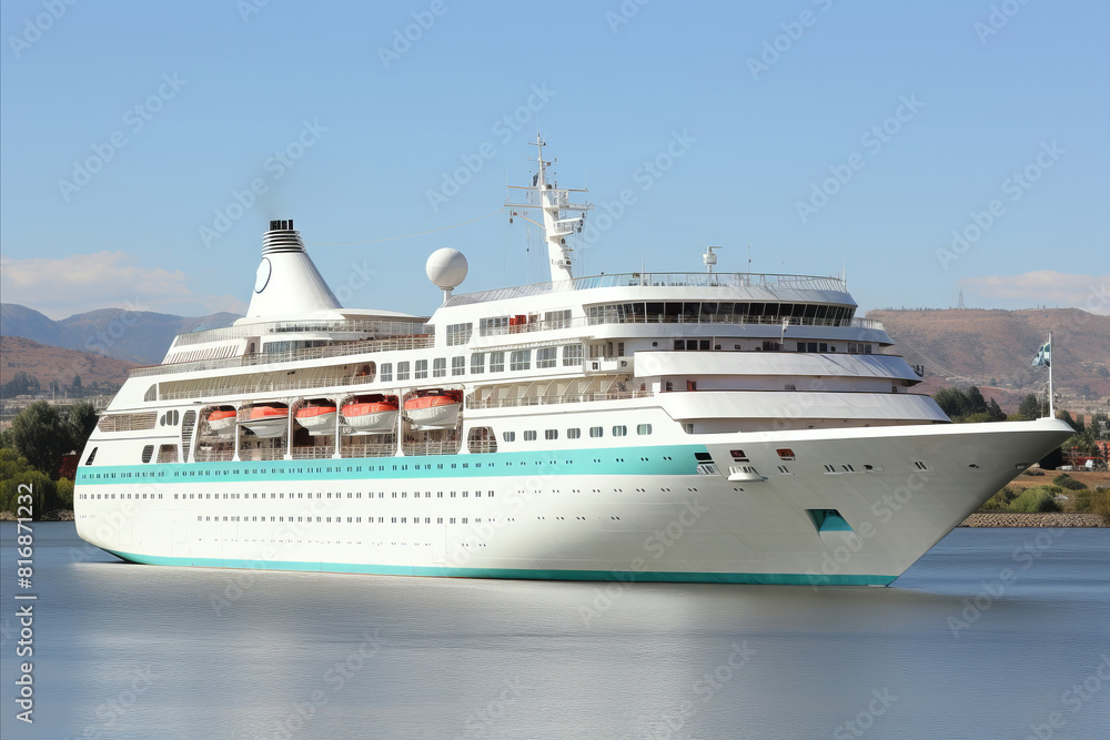 A beautiful multilevel resort liner sails through the waves during the day A beautiful multilevel resort liner sails through the waves during the day