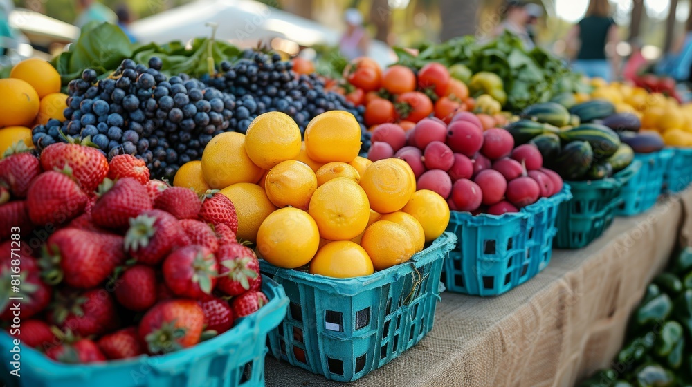 A vibrant display of fresh fruits at a local outdoor market showcasing a variety of colorful produce including strawberries, grapes, lemons, and various vegetables arranged in blue baskets