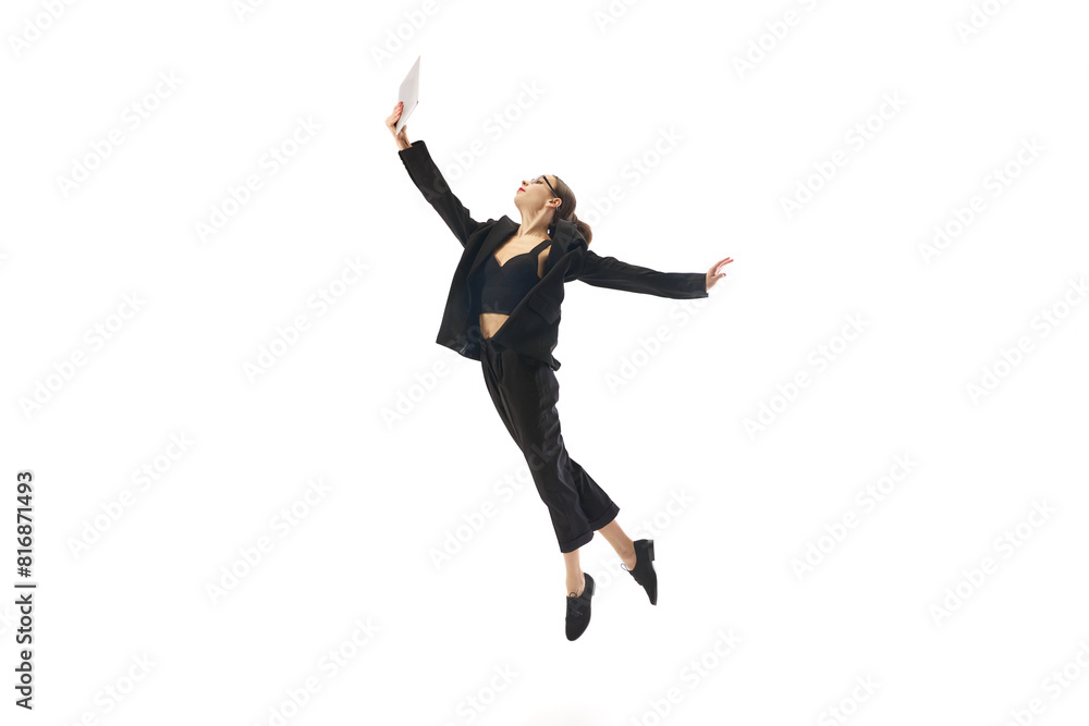 Woman, employee in dynamic move, showing enthusiasm and motivation to work isolated on white background. Energy and ambition in workplace. Concept of business, office lifestyle, progress, startup.