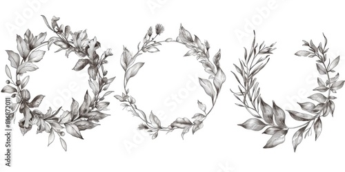 A detailed drawing of a wreath made of leaves and flowers. Suitable for various design projects