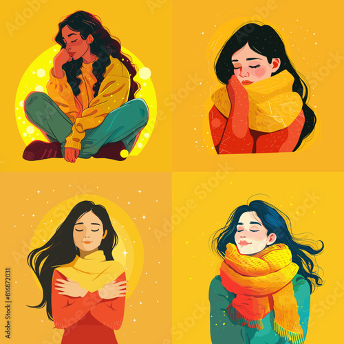 Artistic illustrations of cozy, introspective women in warm clothing with soft lighting. Perfect for autumn, self-care, mindfulness, emotional themes, and creative projects.