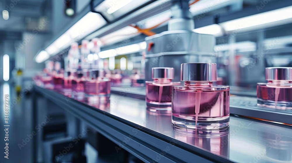 High-end beauty product packaging in a sophisticated, automated factory setting High-end beauty product packaging in a sophisticated, automated factory setting