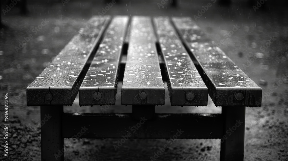 Fototapeta premium A close-up shot of a rain-soaked wooden park bench captured in black and white, highlighting the details of the water droplets and the texture of the wet wood