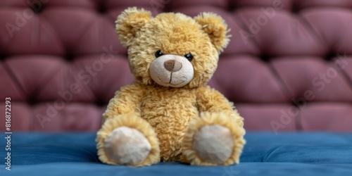 A cute brown teddy bear with a soft and fluffy texture sits on a blue surface against a backdrop of tufted pink upholstery, creating a warm and cozy atmosphere