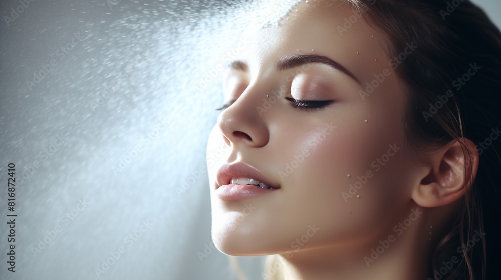 Young woman sprays a facial spray, side view, spraying process Young woman sprays a facial spray, side view, spraying process