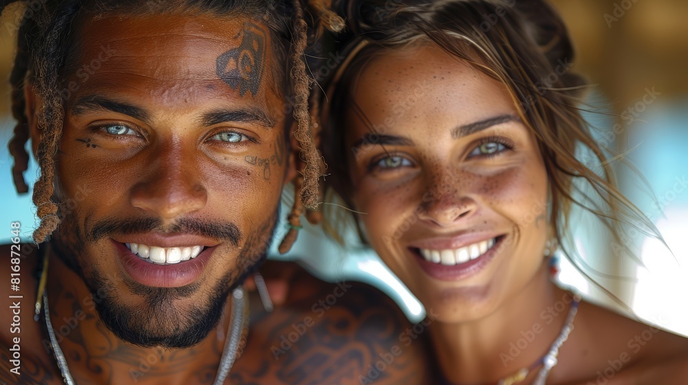 A striking portrait of a smiling couple with vibrant tattoos and piercing eyes enjoying a sunny day at the beach, capturing their unique appearance and joyful expressions A striking portrait of a smiling couple with vibrant tattoos and piercing eyes enjoying a sunny day at the beach, capturing their unique appearance and joyful expressions