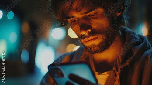 Close up of a man using mobile smart phone. Generative AI photo