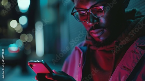 Close up of a man using mobile smart phone. Generative AI photo