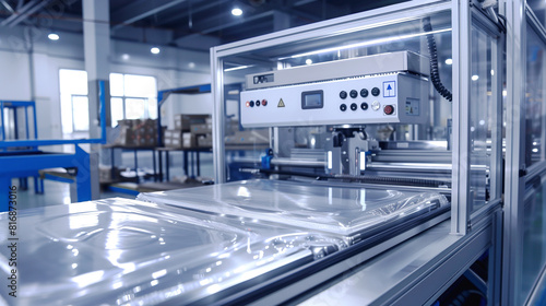 A modern industrial machine for packaging products in a clean  spacious factory.
