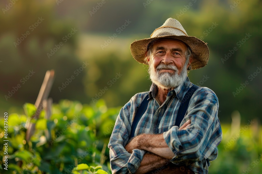 Elderly farmer with a gentle smile standing proudly in his lush field as the sun sets Elderly farmer with a gentle smile standing proudly in his lush field as the sun sets