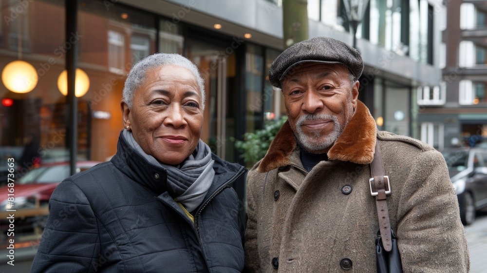 A close-up photograph of two elderly individuals enjoying a pleasant day outdoors, capturing their warm expressions and stylish winter attire in a city setting