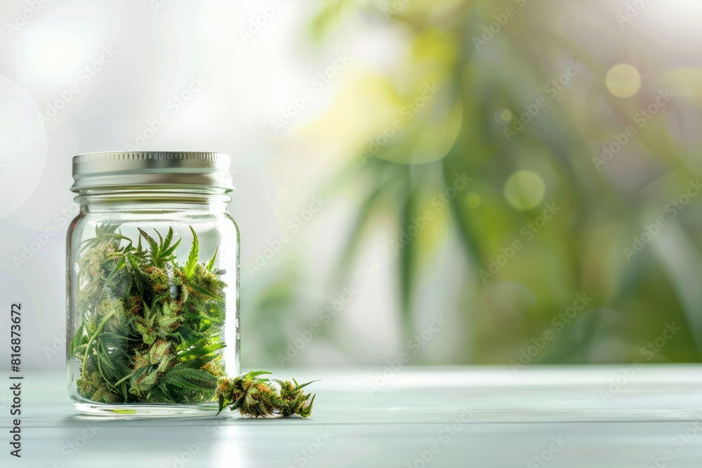 A jar of cannabis hemp stands on a monochromatic background, the concept of alternative treatment, alternative medicine, copy space for text
A jar of cannabis hemp stands on a monochromatic background, the concept of alternative treatment, alternative medicine, copy space for text
