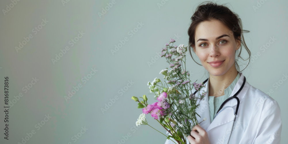 Portrait of woman doctor nurse stands on a monochromatic background with a bouquet of flowers in her hands, concept for celebrating Doctor's Day, health day
Portrait of woman doctor nurse stands on a monochromatic background with a bouquet of flowers in her hands, concept for celebrating Doctor's Day, health day