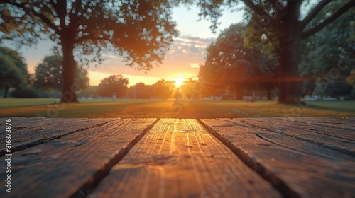 A breathtaking sunset view captured through the intricate textures of a wooden pier  surrounded by lush trees and vibrant greenery in a tranquil setting