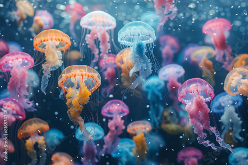 Vibrant jellyfish floating serenely just beneath the ocean's surface, with a sunny sky and lush coastline in the background. © bajita111122