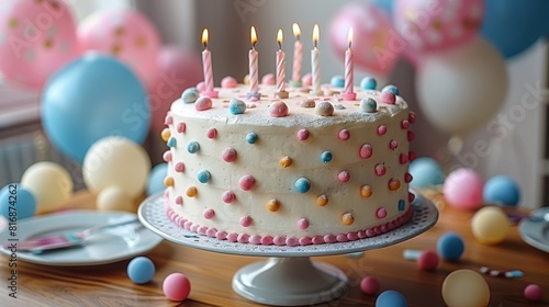 A beautifully decorated birthday cake with five lit candles  bright blue and pink balloons in the background  set on a wooden table ready for celebration