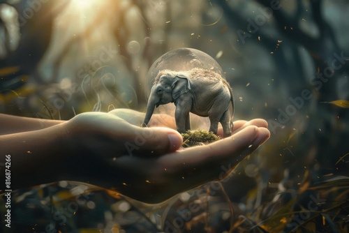 miniature elephant on the human hand photo