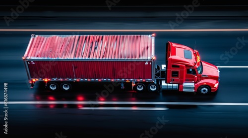 A bright red semi-truck in motion on a multi-lane highway during twilight hours is captured, showcasing transportation activity with striking vehicle color contrast photo