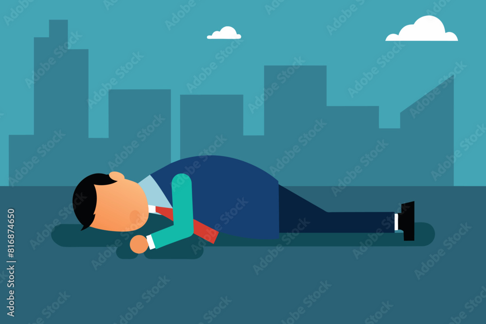 A tired businessman sleeping lying on the road against the background of the evening city. The negative impact of a hard work week on a person.