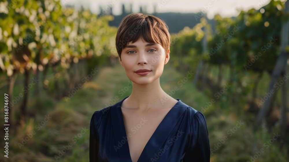 Portrait of a Young Woman Standing in a grapefruit forest at Sunset
