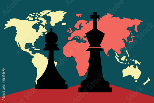 a chess game against the backdrop of the world map. Strategy of control and domination.