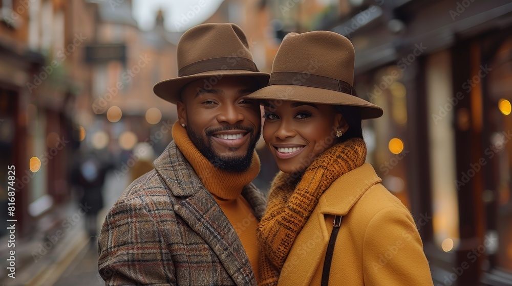 A delightful couple enjoys a cool evening stroll in the city, dressed in matching elegant brown hats and warm stylish outfits, enhancing their connection in a scenic urban setting