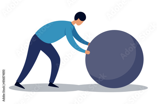 a man in summer clothes is rolling a stone boulder in front of him. the concept of heaviness of family life and other psychological problems.
