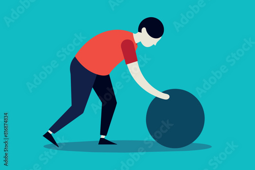 a man in summer clothes is rolling a stone boulder in front of him. the concept of heaviness of family life and other psychological problems.