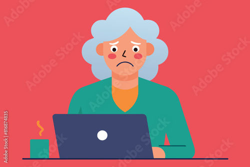 An elderly woman frustrated at her laptop. Old people's problems.  Debts and bills for communal services. Letters about unpaid loans.