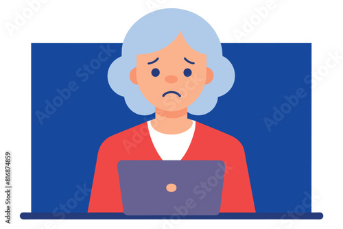 An elderly woman frustrated at her laptop. Old people's problems.  Debts and bills for communal services. Letters about unpaid loans.