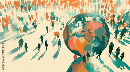 a globe with crowds of people, walking around, graphic illustration photo