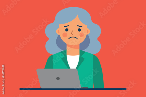 An elderly woman frustrated at her laptop. Old people's problems.  Debts and bills for communal services. Letters about unpaid loans.