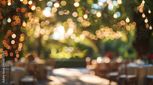 A beautifully blurred image capturing warm, ambient bokeh lights strung across a garden setting, suggesting a festive or romantic outdoor event. photo