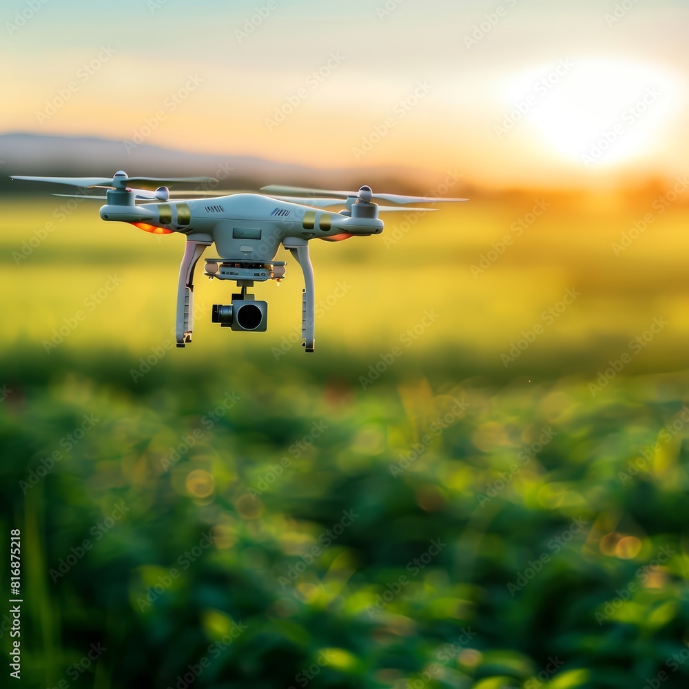 Close up of an agricultural drone flying over a field Close up of an agricultural drone flying over a field
