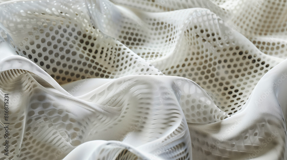 Abstract close-up of white, textured fabric with geometric, perforated patterns forming wavy and flowing shapes, creating a smooth and tactile visual effect. Abstract close-up of white, textured fabric with geometric, perforated patterns forming wavy and flowing shapes, creating a smooth and tactile visual effect.